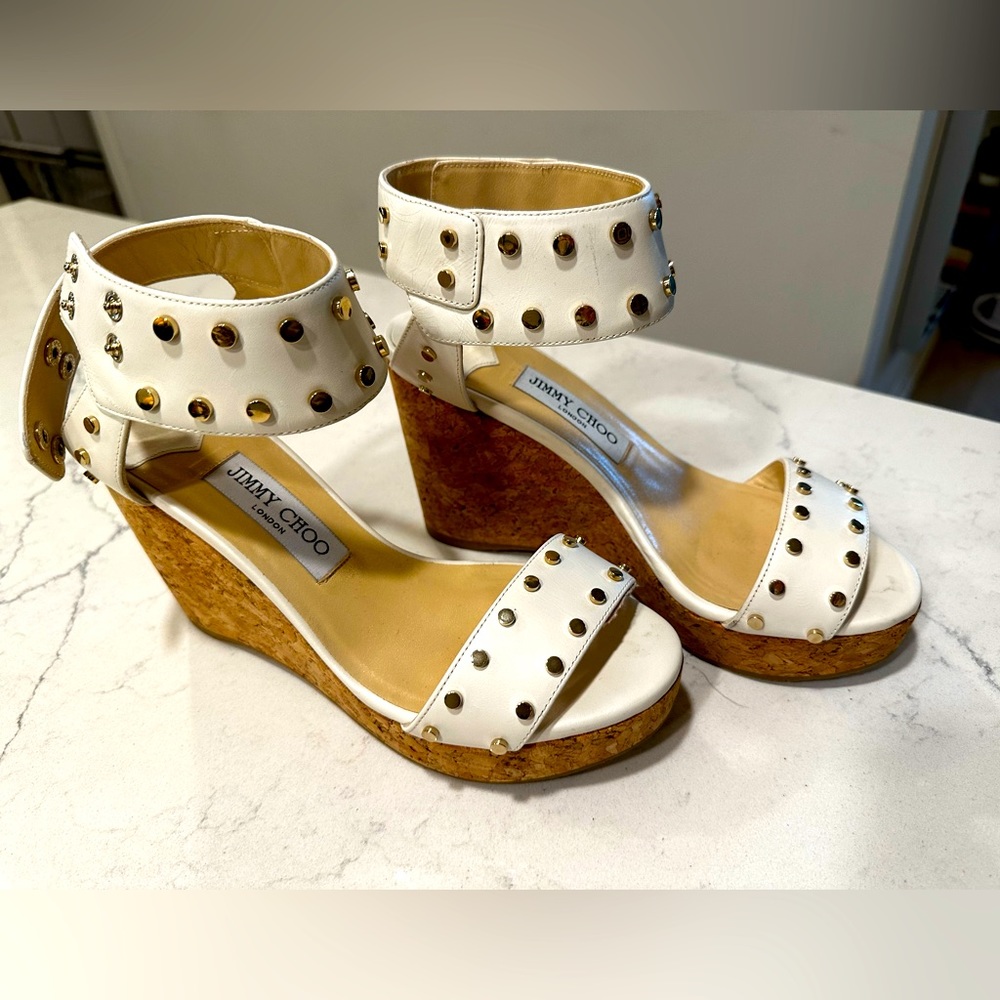 Jimmy Choo White Nelly Gold Studded Wedges size 8